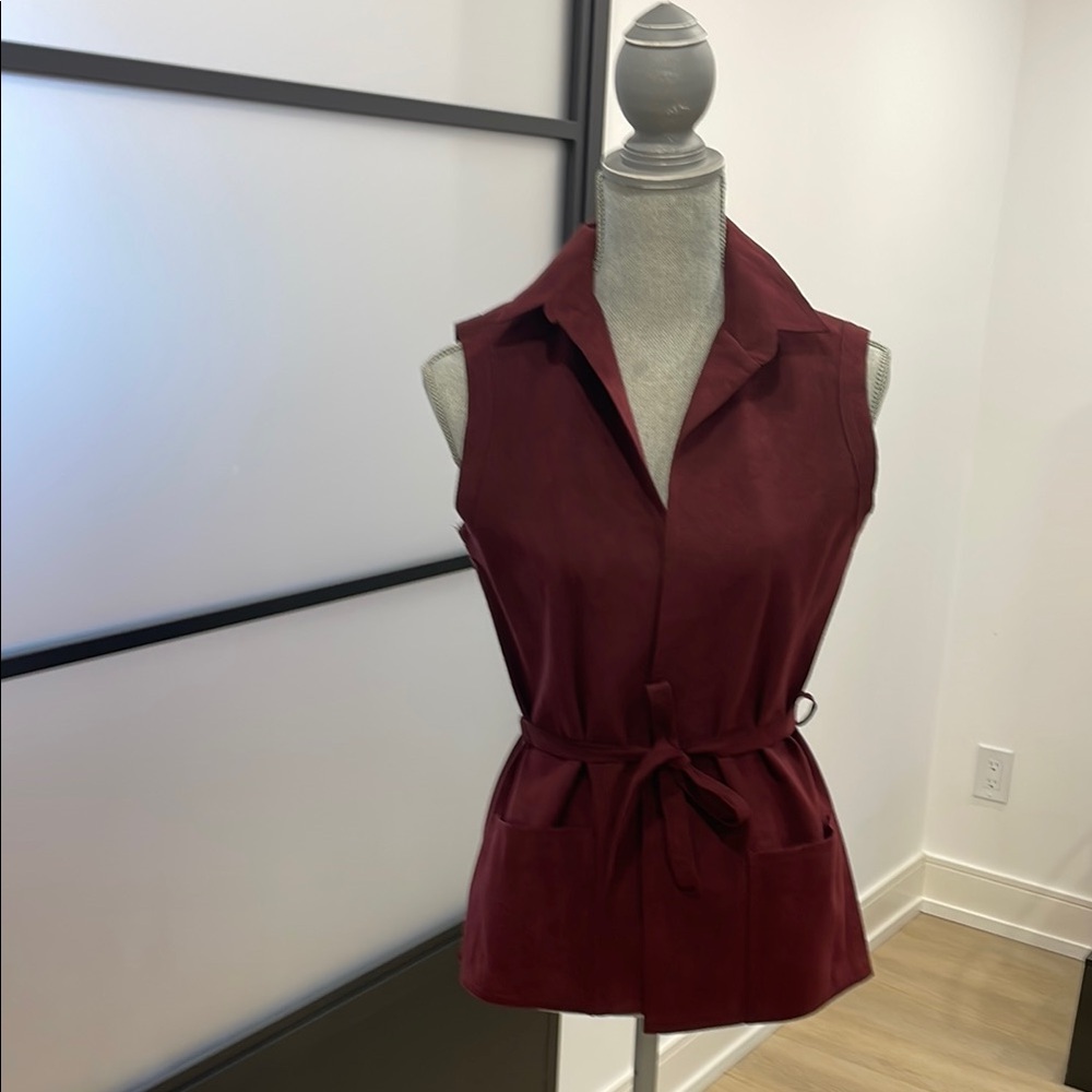 Red Sleeveless Button Down Shirt with Tie Front